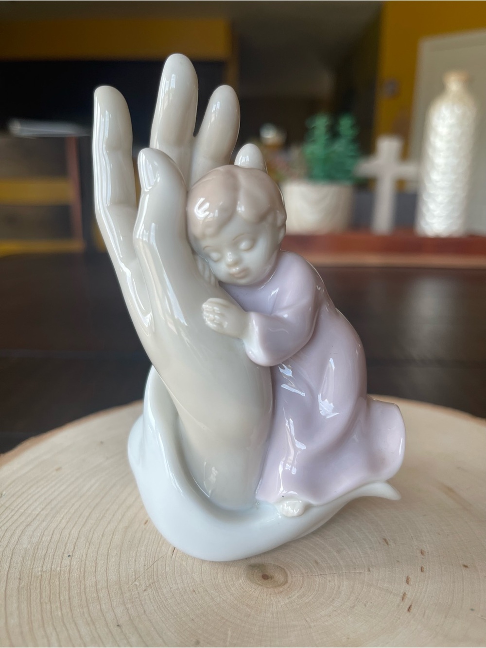 Porcelain Hand and Sleeping Child Figurine - Pastel Pink and Cream